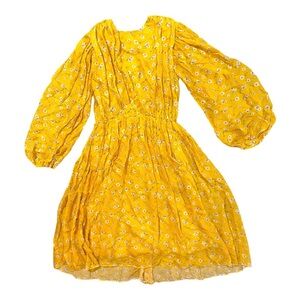 Alcoolique 100% Silk Floral Midi Dress Romantic Puff Sleeve Daisy Sz 40